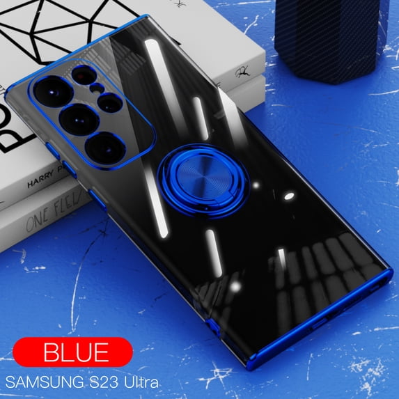 Magnetic Case for Samsung Galaxy S23 Ultra, Electroplated Frame Clear Rotate Ring Holder Kickstand Slim Thin Fit Cover Support Car Mount All-Inclusive Lens Protection Anti-Yellowing Case,Blue
