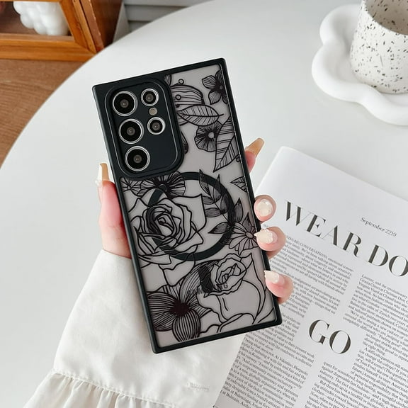 Magnetic Case for Samsung Galaxy S23 Ultra Floral Rose Cute Phone Case [Compatible with Magsafe] for Women Girls Aesthetic Pattern Slim TPU Shockproof Bumper Case, Black