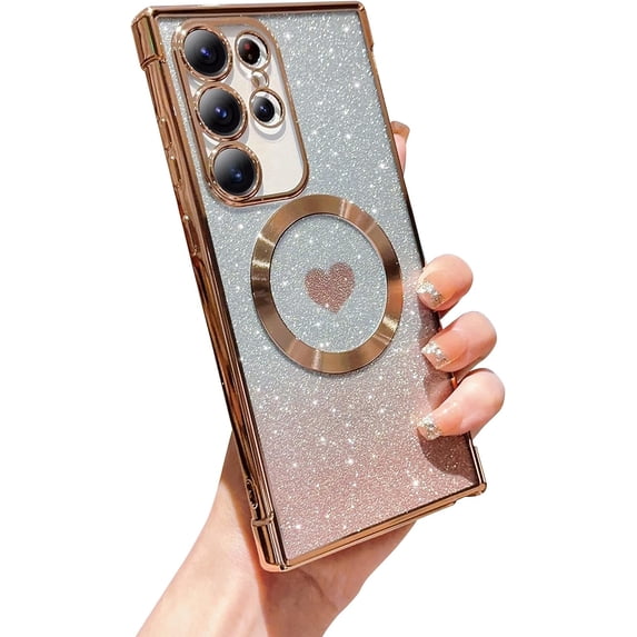 Magnetic Case for Samsung Galaxy S23 Ultra Luxury Plating Bling Gradient Glitter Cute Heart Cover Compatible with MagSafe Soft Clear Shockproof Protective Case for S23 Ultra 5g 6.8" (Gold)