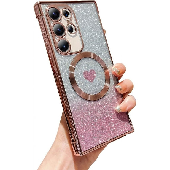 Magnetic Case for Samsung Galaxy S23 Ultra Luxury Plating Bling Gradient Glitter Cute Heart Cover Compatible with MagSafe Soft Clear Shockproof Protective Case for S23 Ultra 5g 6.8" (Pink)