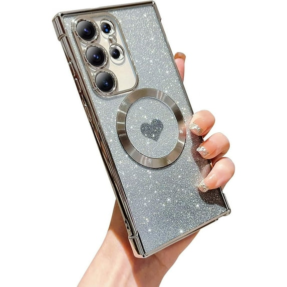 Magnetic Case for Samsung Galaxy S23 Ultra Luxury Plating Bling Gradient Glitter Cute Heart Cover Compatible with MagSafe Soft Clear Shockproof Protective Case for S23 Ultra 5g 6.8" (Silver)