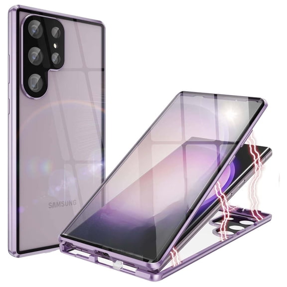 Magnetic Case for Samsung Galaxy S24+,Magnetic Adsorption Shockproof Aluminum Bumper Double Sided Clear Tempered Glass with Lens Protector No Fingerprint Unlock Cover,Purple