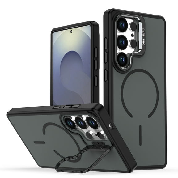 Magnetic Case for Samsung Galaxy S24 Ultra with Kickstand, Compatible with Magsafe, Built-in Camera Stash Stand, Military Protection, Frosted Skin Feeling Phone Case for S24 Ultra, Black