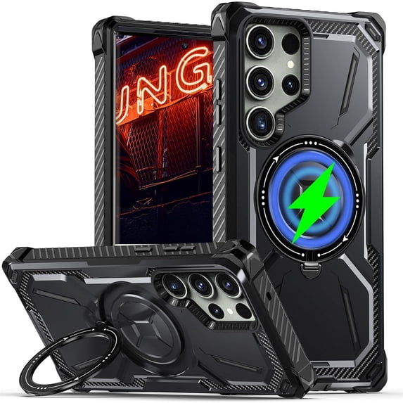 Magnetic Case for Samsung Galaxy S24 Ultra (Not S24), Heavy Duty Rugged Case Shock Hard Cover with Rotatable Ring Kickstand for Samsung Galaxy S24 Ultra HJJ-Black