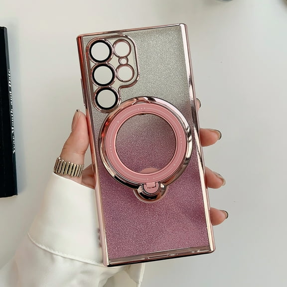 Magnetic Case for Samsung Galaxy S24 Ultra, Sparkle Bling Rotated Ring Holder Stand Phone Case, Compatible with MagSafe & Car Mount, TPU Shockproof Non-Slip Cover for Galaxy S24 Ultra, Pink