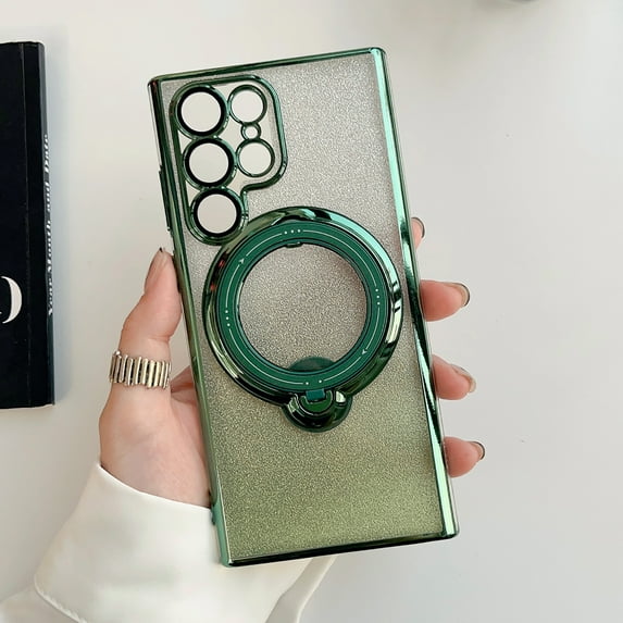 Magnetic Case for Samsung Galaxy S24 Ultra, Sparkle Bling Rotated Ring Holder Stand Phone Case, Compatible with MagSafe& Car Mount, TPU Shockproof Non-Slip Cover for Samsung Galaxy S24 Ultra,Darkgreen