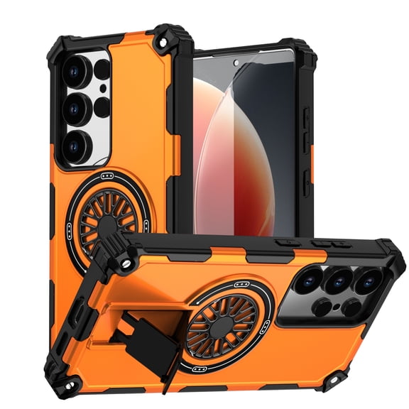 Magnetic Case for Samsung Galaxy S24 Ultra, Support Wireless Charging, Rugged Phone Case with Built-in Kickstand, Anti-Slip Cover Military Grade Protection Case for Samsung Galaxy S24 Ultra, Orange