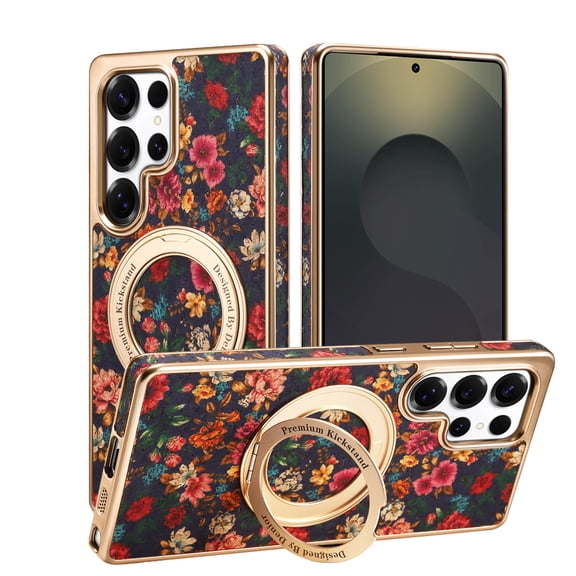 Magnetic Case for Samsung Galaxy S25,Compatible with MagSafe Stylish Floral Flowers Aesthetic Slim Thin 360 Rotating Metal Ring Stand PU Leather Plating Protective Case for Women Girls,Purple