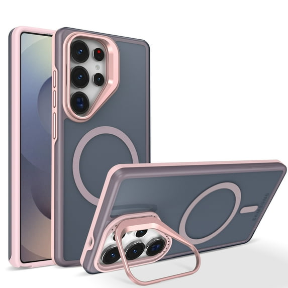 Magnetic Case for Samsung Galaxy S25 Edge with Camera Cover Kickstand, Matte Shock-Absorbent PC+TPU Protective Anti-Scratch Anti-Fingerprint Lightweight Cover, Compatible with MagSafe, Pink
