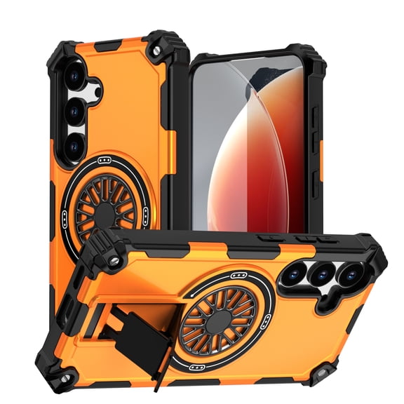 Magnetic Case for Samsung Galaxy S25, Support Wireless Charging, Rugged Durable Phone Case with Built-in Kickstand, Anti-Slip Cover Military Grade Drop Protection Case for Samsung Galaxy S25, Orange