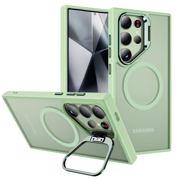 Magnetic Case for Samsung Galaxy S25 Ultra, Compatible with MagSafe Matte Shockproof TPU + PC Hybrid Case with Camera Kickstand, Military-Grade Drop Protection, Slim Protective Cover,Lightgreen
