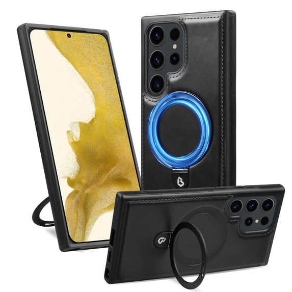Magnetic Case for Samsung Galaxy S25 Ultra Ring Holder Bracket Cover, PU Leather Slim Case Compatible with Mag-Safe Charging, TPU Bumper Shockproof Case for Samsung Galaxy S25 Ultra, Black