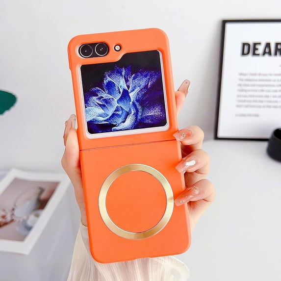 Magnetic Case for Samsung Galaxy Z Flip 5 4 3 5G Compatible with Magsafe, Shockproof Women Men Slim Hard Phone Case for Samsung Z Flip 3 4 5 Cover (Orange,Z Flip4)