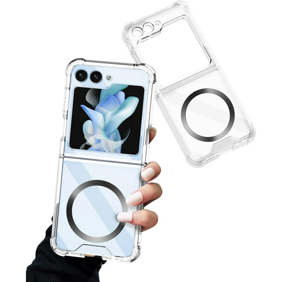 Magnetic Case for Samsung Galaxy Z Flip 5 4 5G Compatible with Magsafe Flip4 /Flip5 Millitary Shockproof Corners Transparent Slim Cover for Women Men (Black,for Samsung Z Flip 5)