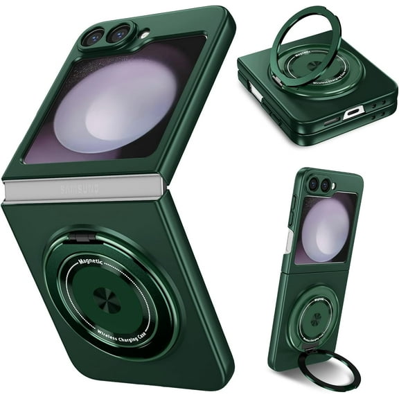 Magnetic Case for Samsung Galaxy Z Flip 6 Case with Kickstand & Ring Holder, [Compatible with MagSafe Charging] Slim Ultra PC Back Scratch-Resistant Military Grade Shockproof Case, Green