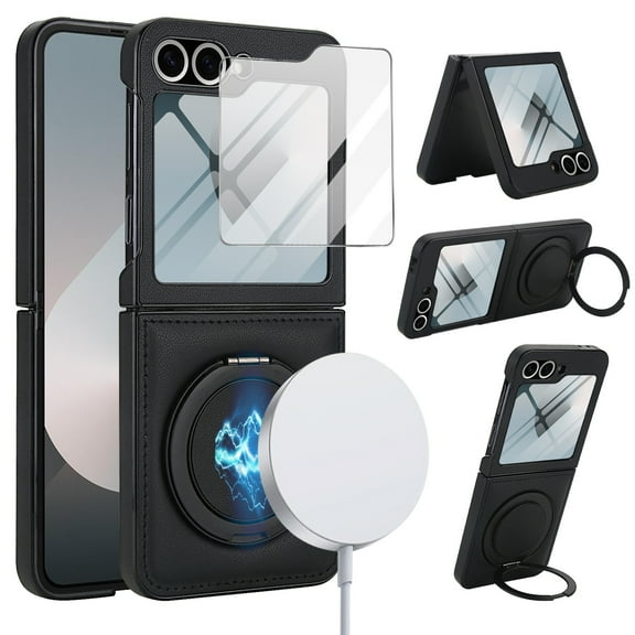 Magnetic Case for Samsung Galaxy Z Flip 7 FE / Z Flip 6 with Screen Protector, with Ring Stand & Secure Built-in Ring Grip, PU Leather Invisible Stand Slim Protective Shockproof Cover, Black