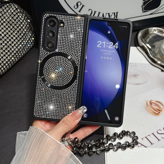 Magnetic Case for Samsung Galaxy Z Fold 3 Case, Compatible with MagSafe Wireless Charger, Diamond Glitter Sparkly Back Slim Fit Cover with Beads Chain for Samsung Galaxy Z Fold 3, Black