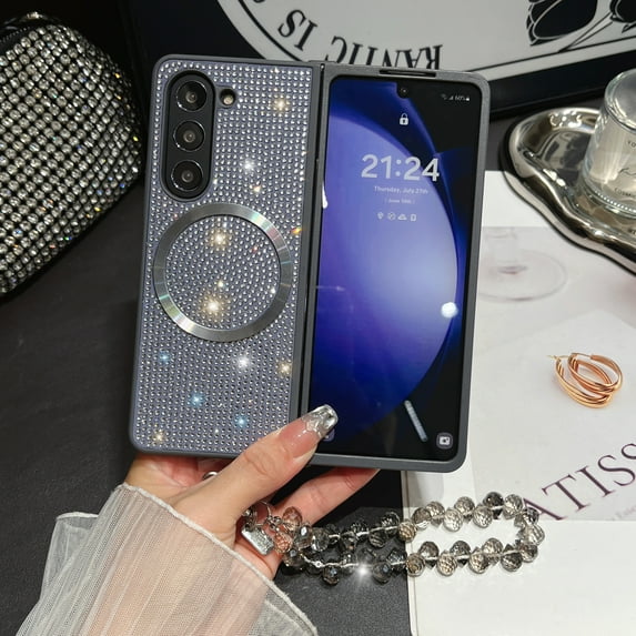 Magnetic Case for Samsung Galaxy Z Fold 3 Case, Compatible with MagSafe Wireless Charger, Diamond Glitter Sparkly Back Slim Fit Cover with Beads Chain for Samsung Galaxy Z Fold 3, Gray