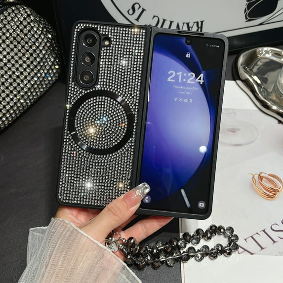 Magnetic Case for Samsung Galaxy Z Fold 4 Case, Compatible with MagSafe Wireless Charger, Diamond Glitter Sparkly Back Slim Fit Cover with Beads Chain for Samsung Galaxy Z Fold 4, Black