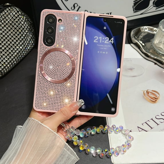 Magnetic Case for Samsung Galaxy Z Fold 4 Case, Compatible with MagSafe Wireless Charger, Diamond Glitter Sparkly Back Slim Fit Cover with Beads Chain for Samsung Galaxy Z Fold 4, Pink