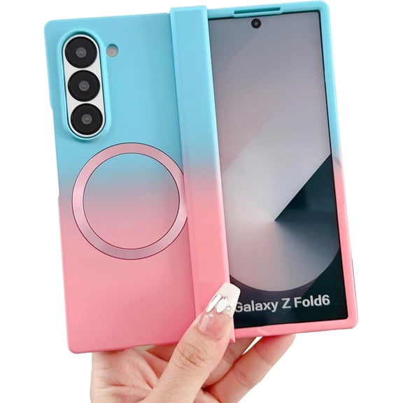 Magnetic Case for Samsung Galaxy Z Fold 4 Case Hinge Protection & Luxury Gradient Desgin, [Compatible with MagSafe] Full Body Anti-Scratch Slim Soft Rubber Shockproof Case, Blue&Pink