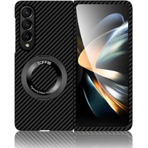 Magnetic Case for Samsung Galaxy Z Fold 4 Case with Kickstand & Ring Holder, [Compatible with MagSafe] Carbon Fiber Slim Ultra Aramid Fiber Anti-Scratch Shockproof Case, Black