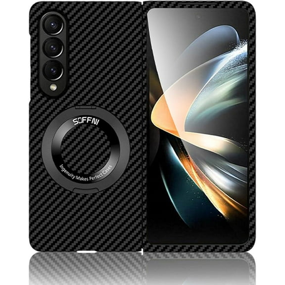 Magnetic Case for Samsung Galaxy Z Fold 4 Case with Kickstand & Ring Holder, [Compatible with MagSafe] Carbon Fiber Slim Ultra Aramid Fiber Anti-Scratch Shockproof Case, Black