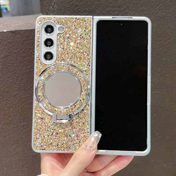 Magnetic Case for Samsung Galaxy Z Fold 6 with Phone Stand & Grip Ring, [Glitter Design] [Support Wireless Charging] [Built-in Mirror] Shockproof Phone Cover for Samsung Galaxy Z Fold 6, Gold