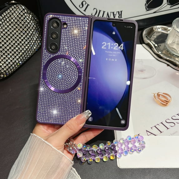 Magnetic Case for Samsung Galaxy Z Fold 7 Case, Compatible with MagSafe Wireless Charger, Diamond Glitter Sparkly Back Slim Fit Cover with Beads Chain for Samsung Galaxy Z Fold 7, Purple