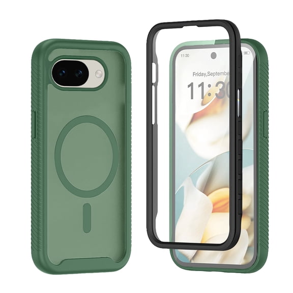 Magnetic Case for Google Pixel 10a Built-in Screen Protector, Compatible with MagSafe Full Body Shockproof Protective Translucent Matte Cover, Green