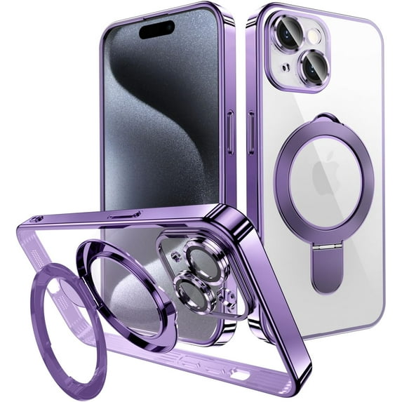 Magnetic Case for iPhone 15 Case Magsafe with Invisible Kickstand Plating 10FT Shockproof Soft Rubber Clear Protective Phone Case (Deep Purple)