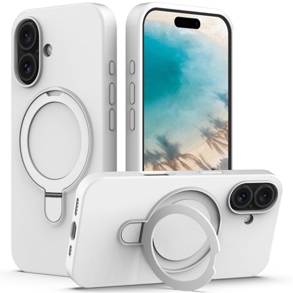 Magnetic Case for iPhone 16，Compatible with MagSafe Charging with Ring Stand  Heavy-Duty Protection Liquid Silicone Phone Case,White,For iPhone16