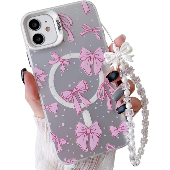 Magnetic Case for iPhone 11 Case[Compatible with Magsafe],Cute Bow Tie Ribbon Laser Design with Chain,Soft TPU Camera Lens Protection Slim Thin Phone Cover for Girls Women-Pink