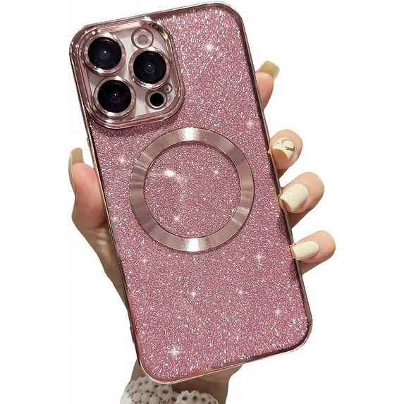 Magnetic Case for iPhone 11 Glitter Case, Luxury Plating Cute Bling with Camera Lens Protector, Compatible with MagSafe, Slim Thin for Women Girls Protective Clear Phone Case, Pink
