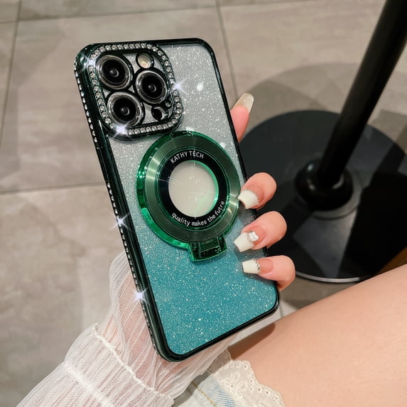 Magnetic Case for iPhone 11 with Holder Stand, Rhinestone Glitter Plated Bling Luxury Phone Case Compatible with MagSafe Shockproof Kickstand Design for iPhone 11 - Darkgreen