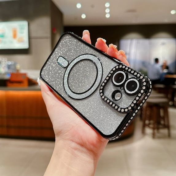 Magnetic Case for iPhone 12, Glitter Bling Clear Cover with Diamond & Gradient Glitter Paper Slim Fit Rugged Compatible with Magsafe Rugged Shockprofo Phone Case for Girls Women,Black