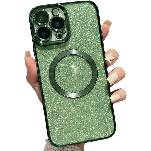 Magnetic Case for iPhone 12 Glitter Case, Luxury Plating Cute Bling with Camera Lens Protector, Compatible with MagSafe, Slim Thin for Women Girls Protective Clear Phone Case, Green