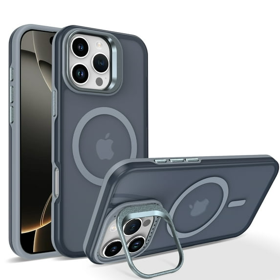 Magnetic Case for iPhone 12 Pro / 12 with Camera Cover Kickstand, Matte Shock-Absorbent PC+TPU Protective Anti-Scratch Anti-Fingerprint Lightweight Phone Cover, Compatible with MagSafe, Gray