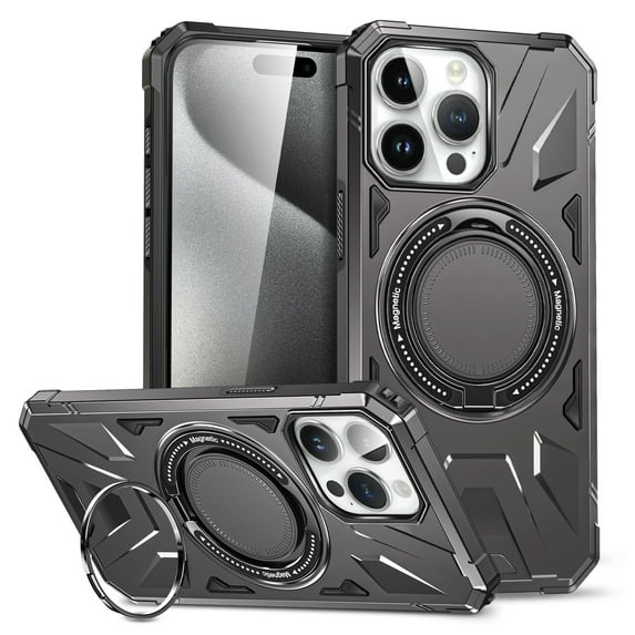 Magnetic Case for iPhone 12 Pro / iPhone 12 6.1", Compatible with Mag-Safe Kickstand Case Military Grade Shockproof Protective Cover Rugged Phone Case with Rotated Ring Bracket, Gray