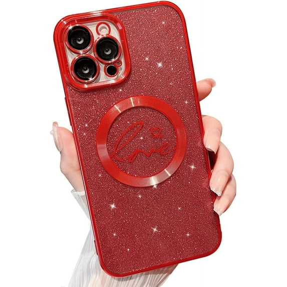 Magnetic Case for iPhone 12 Pro Max Compatible with Magsafe,Glitter Plating Luxury Love Heart Pattern Design,Bling Sparkle Shockproof Full Camera Cover Protection Cases for Girls Women-Red