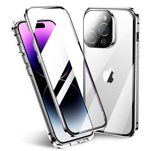 Magnetic Case for iPhone 12 Pro Max,Magnetic Adsorption Shockproof Aluminum Bumper Double Sided Clear Tempered Glass with Lens Protector No Fingerprint Unlock Cover,Silver
