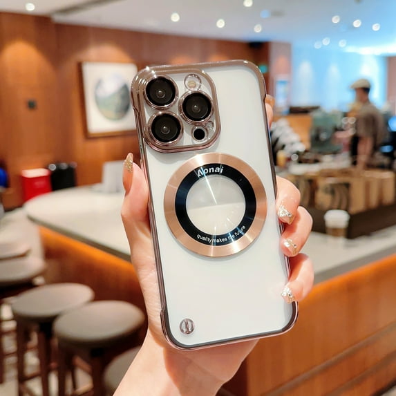 Magnetic Case for iPhone 13 with Back Magnifier, Compatible with MagSafe, Plating Bumper Frameless Borderless Minimalist Design with Camera Lens Protector for Men Women Girls, Pink