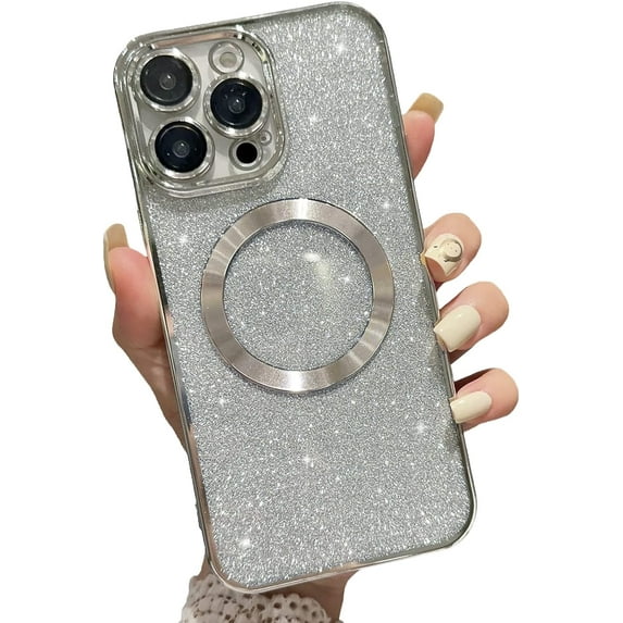 Magnetic Case for iPhone 13 Pro Glitter Case, Luxury Plating Cute Bling with Camera Lens Protector, Compatible with MagSafe, Slim Thin for Women Girls Protective Clear Phone Case, Silver