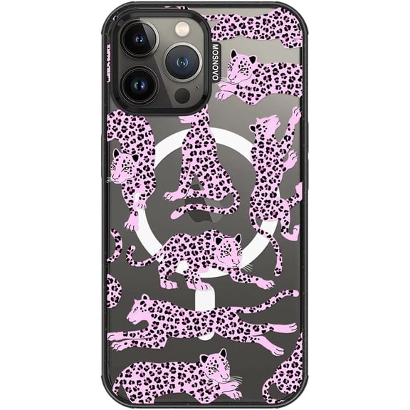 Magnetic Case for iPhone 13 Pro Max, 10ft Military-Grade Protection, Compatible with Magsafe, Shockproof Phone Case for iPhone 13 Pro Max - Pink Leopard - Clear Black