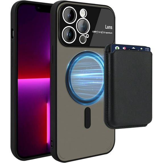 Magnetic Case for iPhone 13 Pro Max with Card Holder - Black | Holds 3 Cards | Camera Lens Protector | Soft TPU Hard Translucent Matte Back Protective Wallet Phone Case for iPhone 13 Pro Max