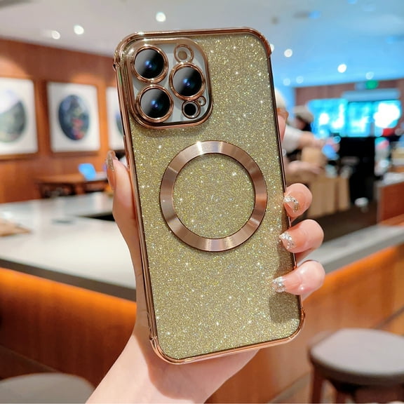 Magnetic Case for iPhone 13 Pro Max Clear Glitter Case, [Compatible with MagSafe Wireless Charging] Non-Yellowing Sparkle Shining Case for Women Girls, Rugged Shockproof Phone Case,Gold