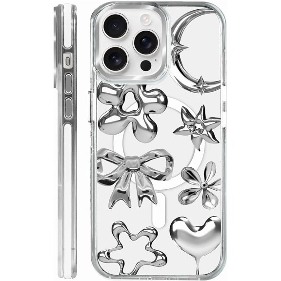 Magnetic Case for iPhone 13 Pro Max Design On Clear Base, Compatible with MagSafe, Slim Protective Soft TPU Bumper Phone Cover Women Girls Case Imitation Metal Flower Bow