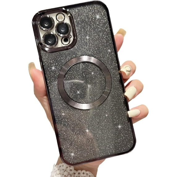 Magnetic Case for iPhone 13 Pro Max Glitter Case, Luxury Plating Cute Bling with Camera Lens Protector, Compatible with MagSafe, Slim Thin for Women Girls Protective Clear Phone Case, Black