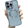 thumbnail image 1 of Magnetic Case for iPhone 13 Pro Max Glitter Case, Luxury Plating Cute Bling with Camera Lens Protector, Compatible with MagSafe, Slim Thin for Women Girls Protective Clear Phone Case, Blue, 1 of 10
