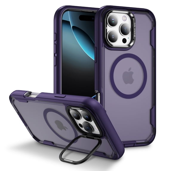 Magnetic Case for iPhone 13 Pro Max with Kickstand, Compatible with Magsafe, Built-in Camera Stash Stand, Military Drop Protection, Skin Feeling Phone Case for iPhone 13 Pro Max, Purple + Clear Purple